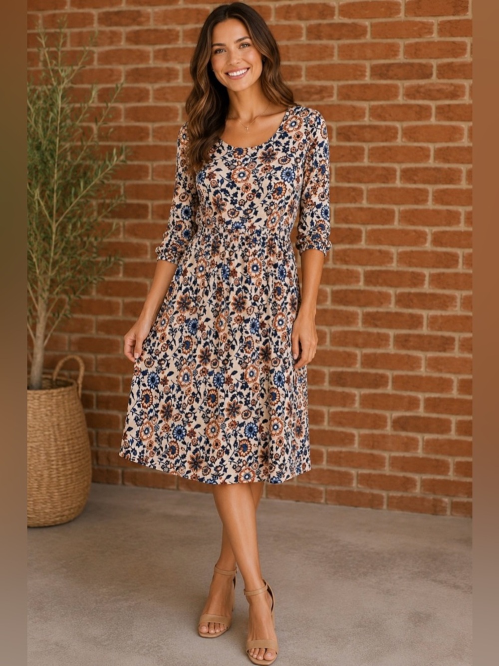 Mikarose White Midi Dress with Blue & Tan Floral Print